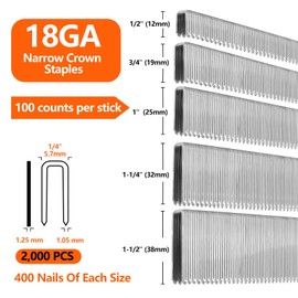 SITLDY 2000-Count 18 Gauge 1/4 Inch Narrow Crown Staples (1/2"+3/4"+1"+1-1/4"+1-1/2"), 400 per size, Heavy Duty Beveled Chiseled Pointed Galvanized, Assorted Size Project Pack