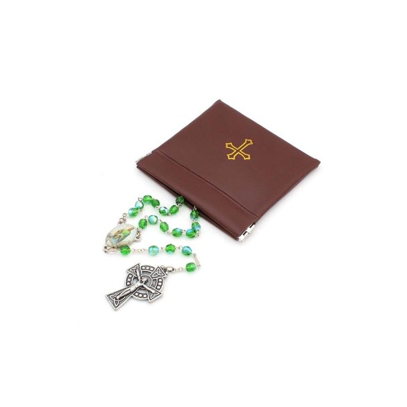 Squeeze Top Rosary Pouch Brown Vinyl with Gold Cross Imprint
