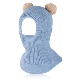 Fadcaer Winter Kids Hat Hooded Scarf Set Double Pom Pom Hat Earflap Beanies Caps with Fleece Lining Warm Knitted Baby Balaclava Kids Winter Hat for 2-5 Years Old Baby Toddlers Girls Boys (Blue)