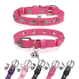 DILLYBUD Leather Cat Collar with Bell and Safety Elastic Strap, Adjustable Studded Pet Collars with Charm, Non Breakaway Kitten Collar for Boy Girl Cats Puppies Size 8-12in, Rose
