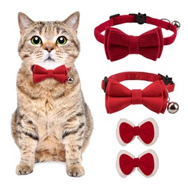 URROMA 2 Pieces Cat Collar with Bell and Bowtie, Adjustable Polyester Fiber Cat Collars Safety Bow Tie Solid Wedding Christmas Red Cat Bow Tie Collar, S