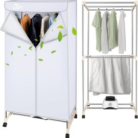 Uten Portable Clothes Dryer, 1500W Clothes Dryer Machine with Timer, Double Layer Stainless Steel Laundry Drying Wardrobe, Electric Clothes Drying Rack and Dryer for Apartments, Home - Color: White