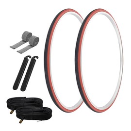 PRO+ Pair of Bike Bicycle TIRE 700 X 25 Black/RED SIDEWALL (2) Tires W/Tubes 33MM Schrader Valve, Rim Strips & TIRE LEVERS P-1035
