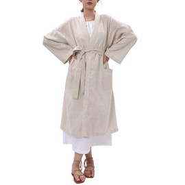 Amazhiyu Womens Pure Linen Mid Length Kimono Robes Lightweight Long Sleeve Bathrobe Flax, S-M