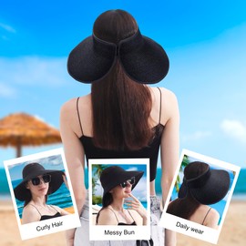 Wide Brim Straw Sun Hat for Women Summer Beach Vacation Essential Foldable & Packable Gardening Hat with Ponytail Design Perfect for Travel. (Black)
