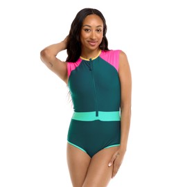 Body Glove Women's Standard Stand Up Zip Front Paddle One Piece Swimsuit with UPF 50+, Kingfisher Colorblock
