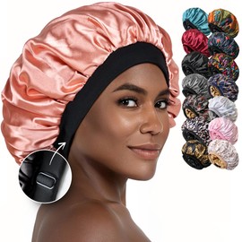 CAPLORD Adjustable Satin Bonnet for Sleeping - Double-Layer Silk Bonnet for Curly Hair, Braids & Locs. Large Satin Sleep Hair P for Women & Men - Champagne