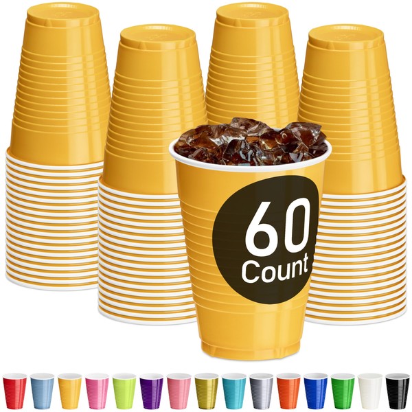 DecorRack 60 Party Cups, 12oz Reusable Disposable Soda Cups for Birthday Party, Bachelorette, Camping, Indoor Outdoor Events, Beverage Drinking Cups, Round -BPA Free- Plastic Cups, Yellow (60 Pack)