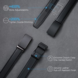 Men's Leather Belt Automatic Ratchet Buckle Slide Belt for Dress Casual Trim to Fit with Gift Box