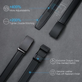 Men's Leather Belt Automatic Ratchet Buckle Slide Belt for Dress Casual Trim to Fit with Gift Box