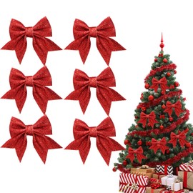 Red Bows for Christmas Tree, 6PCS Red Christmas Bows for Decorations, Xmas Glitter Tree Bow for Gift Wrapping Presents Xmas Tree Fireplace Wreath Garland Party Craft Supplies (4.72x5.9inches)