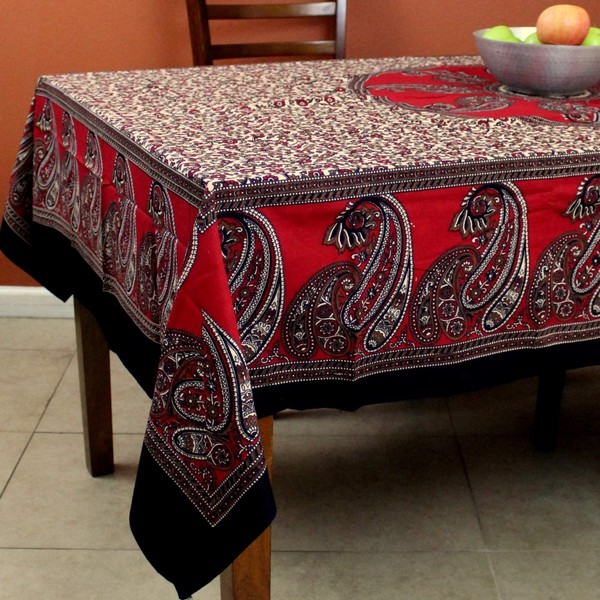 India Arts Cotton Paisley Print Floral Tablecloth Rectangular Table Linen Beach Sheet Beach Throw Thin Bedsheet Bedspread (Deep Red, 60 x 90 inches)