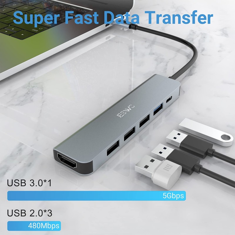 USB C Hub, JESWO 6 in 1 USB C Adapter