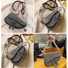 PURFANREE Women Studded Saddle Shoulder Bag Shining Rhinestone Clutch Purse Underarm Handbag Satchel Rivet Crossbody Bag, Silver, One Size