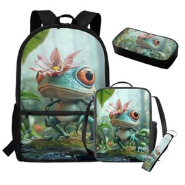 Rnyleeg Frog Backpack for Boys with Lunch Box School Backpack for Boys 8-10 10-12 Lightweight Kids Bookbag Set 4 Pcs for Primary Middle School Casual Rucksack Book Bag