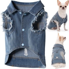 Cantuccistudio Dog Jean Jacket, Blue Denim Lapel Vest Coat T-Shirt Costume Cute Girl Boy Puppy Clothes, Comfort and Cool Apparel, for Small Medium Dogs Cats, Machine Washable Outfits (Large)