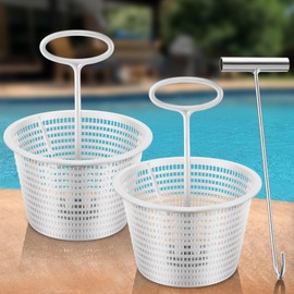 Saillong 2 White 8" Skimmer Replacement Basket & 2 Skimmer Basket Handle & 1 Silver Stainless Steel Hook, Universal Pool Skimmer Basket with Handle for Pool Debris Removal, Keep Hands Clean (Blue)