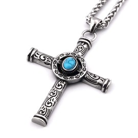 Gungneer Native American Turquoise Cross Pendant Stainless Steel Keel Chain Necklace Indian Eagle Tribal Jewelry for Mens Womens
