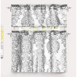 DriftAway Samantha Floral Damask Medallion Pattern Kitchen Tier Window Treatment 2 Panels Each 30 Inch by 36 Inch Plus 1 Inch Header Gray