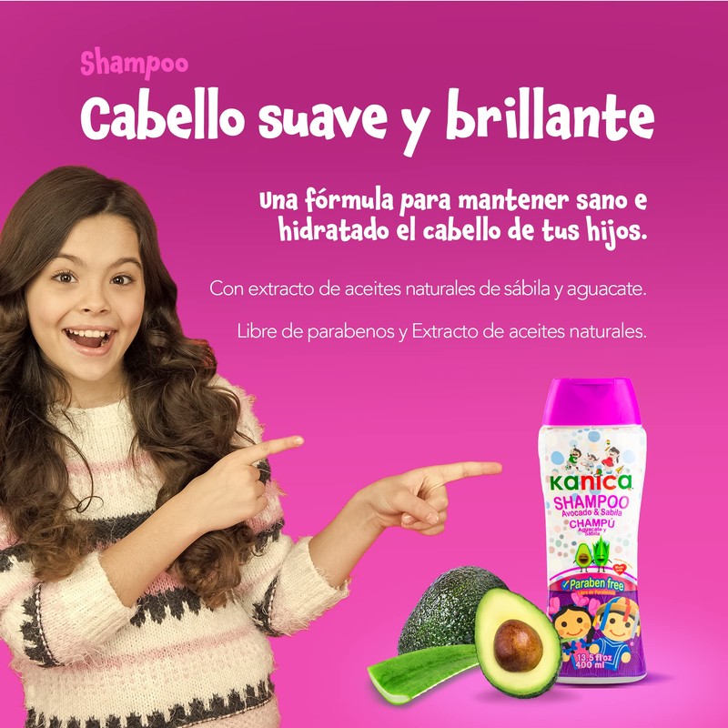 Kanica Shampoo Libre de parabenos, con Sábila y Aguacate, 400ml