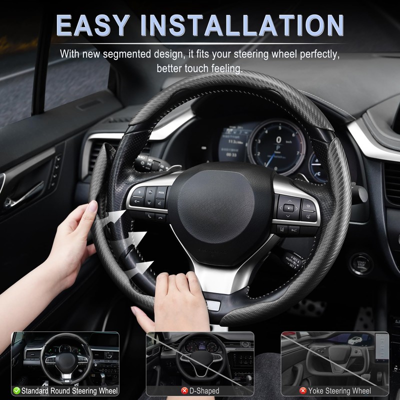 Amiss 3pcs Carbon Fiber Anti-Skid Steering Wheel Cover, Waterproof &