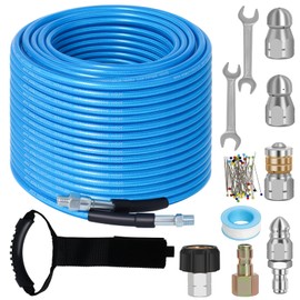 150 FT Sewer Jetter Kit for Pressure Washer, 5800PSI Water Jet Drain Cleaner Hose, 1/4 Inch NPT Corner with 4 Sewer Jetting Nozzles, Pearl Corsage Pin, Waterproof Tape, Handle Strap&2 Spanner (Blue)