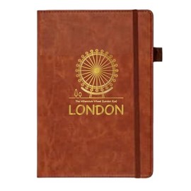 Premium A5 Thermo PU Leather Journal Notebook, London Souvenir Skyline Brown Notebook, 192 Pages, Pen Loop, Rear Pocket & Bookmark, London Eye, Big Ben & Tower Bridge Travel Notebook, Brown