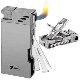 Pipe Lighter with Pipe Stand, Refillable Butane Lighter with Stainless Steels 3 Pipe Tools Cleaner, 5 in 1 Soft Flame Lighter, Portable Pipe Lighters for Outdoor Indoor with Gift Box (Ash Gray)