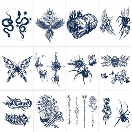 12 láminas de tatuajes semipermanentes realistas para adultos, tinta jagua de origen vegetal de larga duración (2 semanas), resistentes al agua, con diseño de mariposa y serpiente gótica.