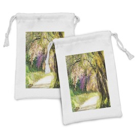 Ambesonne Landscape Fabric Pouch Set of 2, Blurry Spring Park View with Walkway Colorful Flower Trees Garden Idyllic Scenery, Small Drawstring Bag for Toiletries Masks and Favors, 9" x 6", Multicolor