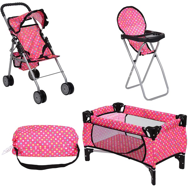 fash n kolor Doll Play Set 3 in 1 Doll Set, 1 Pack N Play. 2 Doll Stroller 3.Doll High Chair. Fits Up to 18'' Doll (Polka DOT)