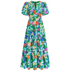 dowerme Womens Summer Dresses 2025 Casual Puff Short Sleeve V Neck Floral Boho Tiered Ruffle Maxi Dress with Pockets(Green Orange Flower,Medium)