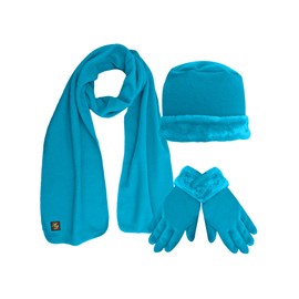 Faux Fur Trim Turquoise Fleece 3 Piece Hat Scarf & Glove Set