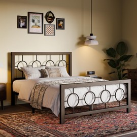 SHA CERLIN Full Size Metal Bed Frame with Vintage Circular Design Headboard and Footboard,No Box Spring Required,Easy Assembly,Noise-Free,Brown