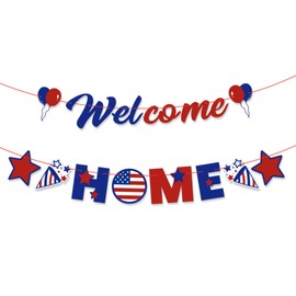 Patriotic Welcome Home Banner, Red and Blue Pre-Strung American Flag Welcome Back Decorations for Military Navy Air Force Army Homecoming Decorations Party No DIY Required