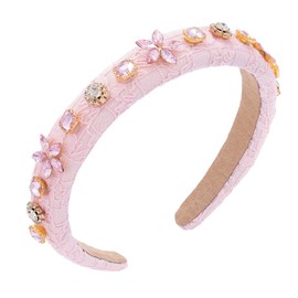 Urieo Rhinestones Headbands Pink Flower Padded Hairbands Crystal Embllished Hair Bands Vintage Hair Accessories for Women