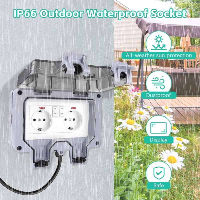 NVIYAM Outdoor Socket Surface-Mounted, IP66 Waterproof Socket with Switch Indicator
