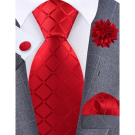 GUSLESON Mens Red Tie Party Wedding Plaid Checkered Solid Silk Necktie Pocket Square Cufflinks and Lapel Pin Brooch Set (6104-16)