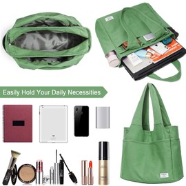 KYALOU Utility Large Canvas Tote Bag with Pockets, Women Casual Shoulder Bags with 13 Exterior & Interior Pockets for Work Gym Beach Travel Shopping Grocery (Green)