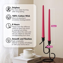 Pickood New Burning Formula Unscented Dripless 10-Inch Taper Candles Set of 12 - Hot Pink, for Wedding, Dinner - Smokeless, Long Burning - Hand Poured, Colored Tall Candlesticks - Rosa Intenso