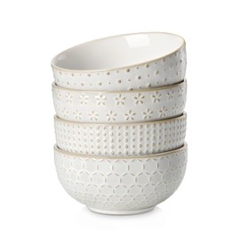MALACASA Cereal Bowls, 30 Ounce Ceramic Soup Bowl for Kitchen, Stoneware Bowls Set of 4 with Embossment for Pho, Chip, Fruits, Salad, Noodle, Ramen - 6 Inch, Arctic White Series LYDIA