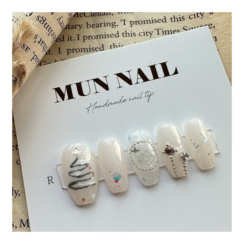 [Christmas] Silver Tree Nail Tips - Round / [크리스마스]실버트리 네일팁