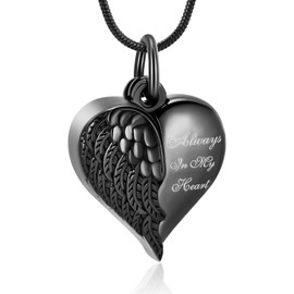 VCCWYQK Angel Wing Heart Urn Necklaces for Ashes Memorial Keepsake Pendant for Women Men Cremation Jewelry (Black)