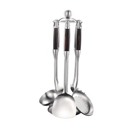 chanseens 7pcs 316 Stainless Steel Kitchen Utensils Set with Holder, Cooking Utensils Set, All Metal Kitchen Utensils with Rotating Stand, Heat Resistant Wooden Handle Kitchen Tools