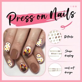 24Pcs Thanksgiving Turkey Press on Nails Short Square Fake Nails with Turkey Colorful Polka Dots Design False Nails Glossy Glue on Nails Brown Acrylic Nail Autumn Stick on Nail for Women Manicure