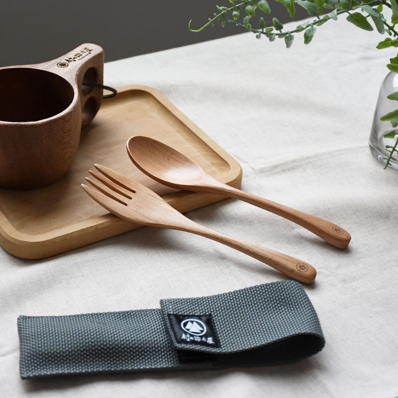 [Village Blacksmith] WOOD Cutlery Spoon and Fork Set with Case