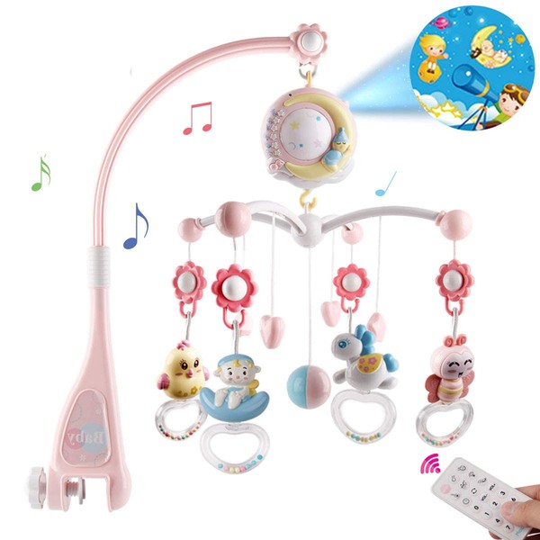 BOBXIN Baby Musical Crib Mobile with Projector and Night Light,150 Music,Timing Function,Take Along Mobile Music Box and Rattle,Gift for Toddles(with Bibs)