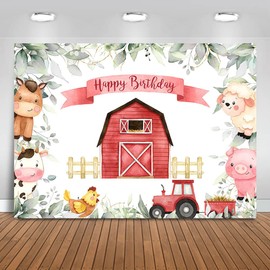 Mocsicka Boy Farm Birthday Backdrop Greenery Barnyard Animals Birthday Background Green Leaves Barn Animals Birthday Party Decorations Banner Photo Studio Props (7x5ft)