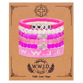 LOAYHOAY W.W.J.D. Webbing Bracelets Adjustable Christian Gifts Wristbands What Wound Jesus Do Bracelet Religious Faith Colorful Christian Stretch Beaded Bracelets Pink