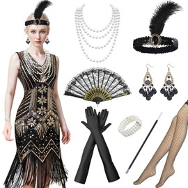 Antsparty 20s Costume Women's Charleston Dress, V-Neck Sequins Beads Fringe Dress with 20s Accessories, Vintage Gatsby Dress for Fancy Dress Costume